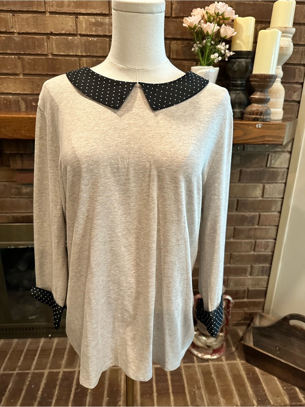 Garnet Hill Grey Peter Pan Collar Top Polka Dot Cuff Size Large Knit Pullover